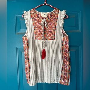 Savanna Jane Striped Embroidered Blouse - Red and Orange, size M